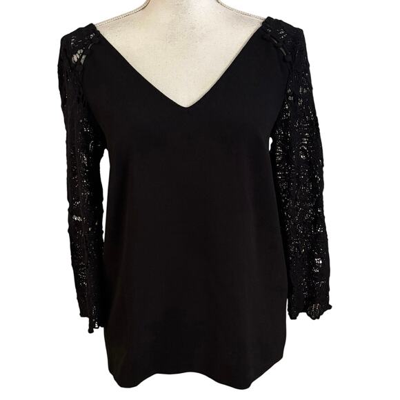 Sezane Size 34 US 2 Black Blouse Lace Sleeves V Neck Back - Picture 1 of 6